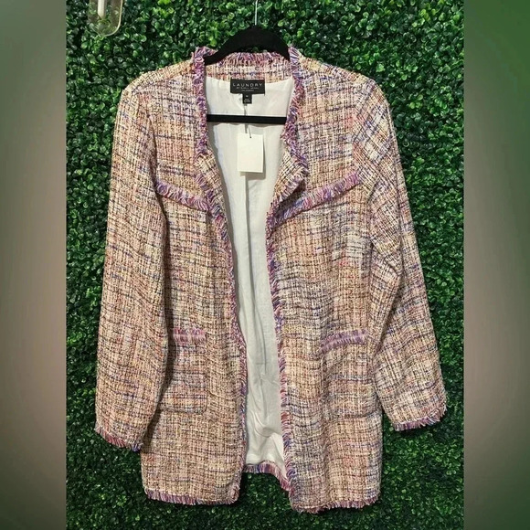 Laundry By Shelli Segal - Boucle Knit Textured Fringe Trim Jacket - Size Medium - Picture 3 of 10